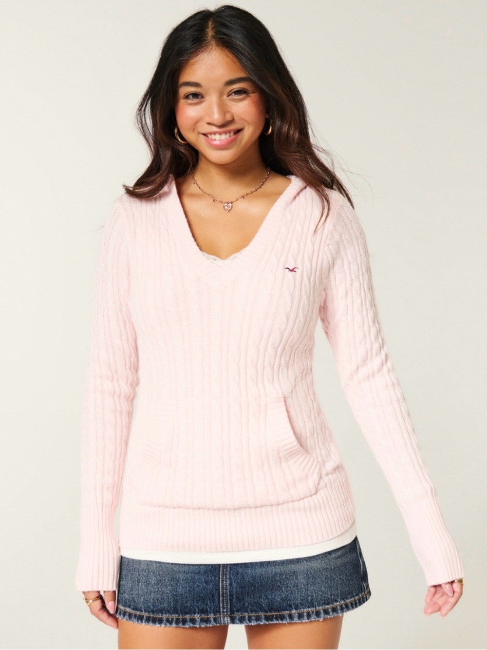 NWT Hollister Cable Knit V Neck Hoodie‎ Sweater Pink Small Slim Fit Logo
